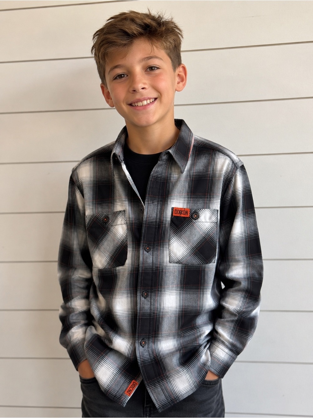 Dixxon Flannel Boys Youth Black Gray White Plaid Button-Up Shirt